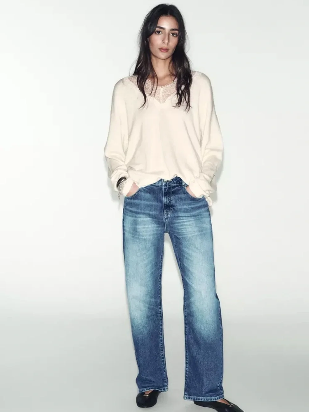 Zara Lace-Trim V-Neck Sweater in Cream - Picture 3 of 10